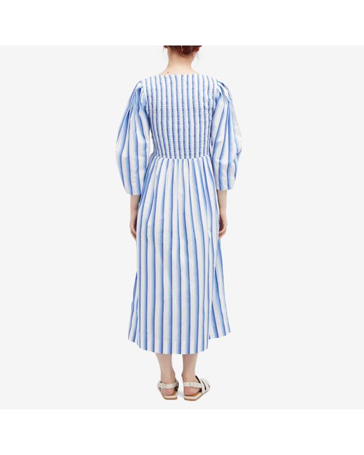Ganni Blue Stripe Cotton Open-Neck Smock Long Dress