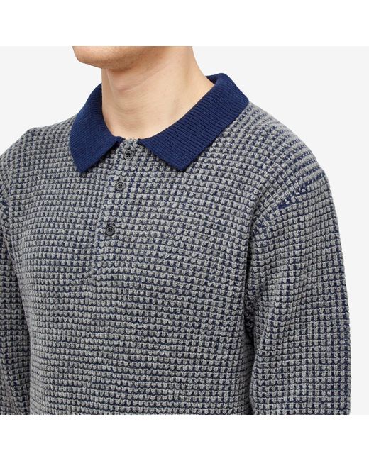 Beams Plus Gray Crochet Long Sleeve Polo Shirt for men