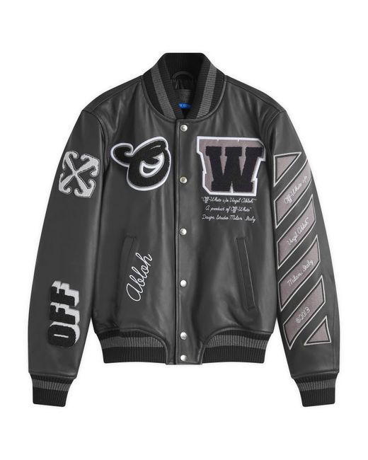 Off-White c/o Virgil Abloh Gray Leather Varsity Jacket for men