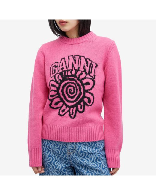 Ganni Pink Graphic O-Neck Pullover Flower