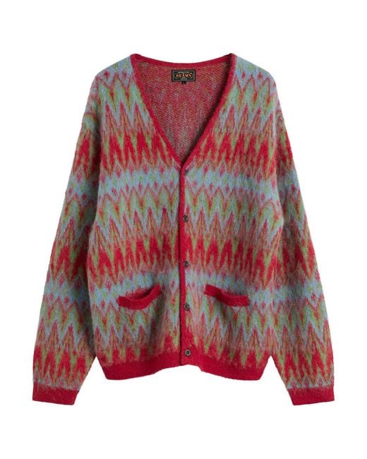 Beams Plus Red Jacquard Chevron Cardigan for men