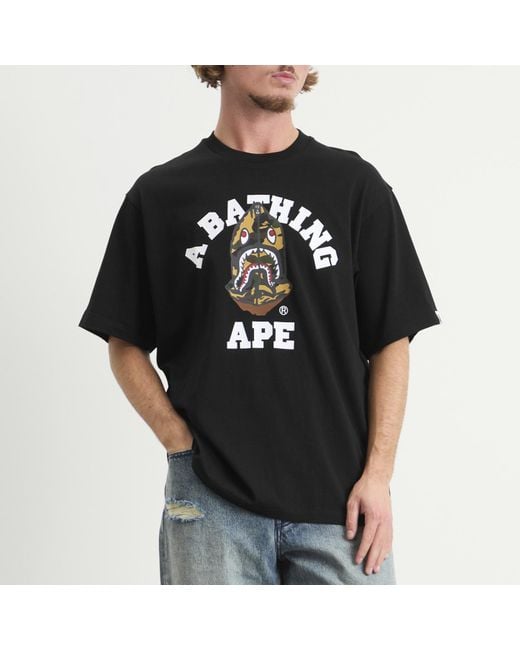 A Bathing Ape Black 1St Camo Shark Seijin College T-Shirt for men