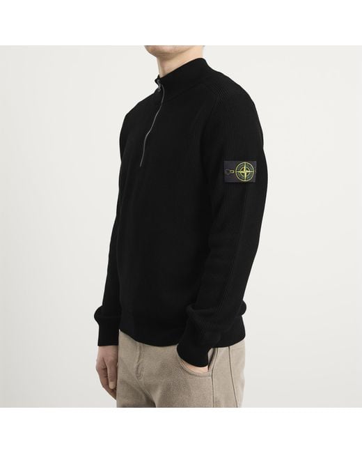 Stone Island Black Ribbed Soft Cotton Half Zip Knit Jumper for men