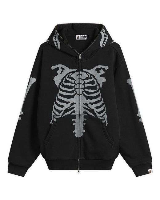 A Bathing Ape Black Skeleton Shark Heavy Washed Zip Hoodie for men
