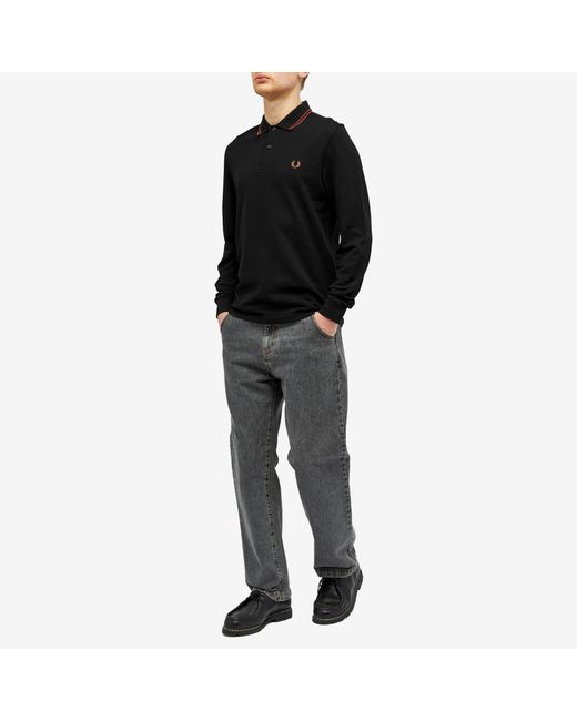 Fred Perry Black Long Sleeve Twin Tipped Polo Shirt for men