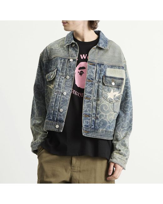 A Bathing Ape Blue Cloud Camo Upcycled Denim Trucker Jacket for men