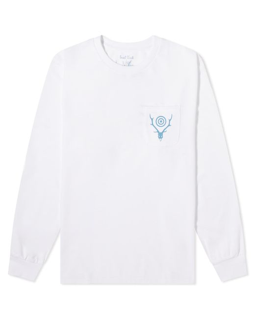 South2 West8 White Long Sleeve Circle Horn Pocket T-Shirt for men