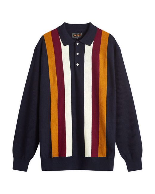 Beams Plus Blue Long Sleeve Stripe Knit Polo for men