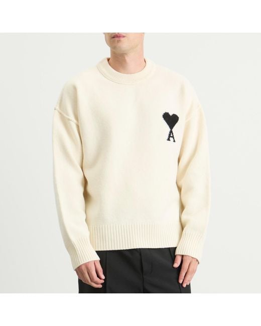 AMI White Felted Merino Wool Knit Adc Crew Neck Jumper for men