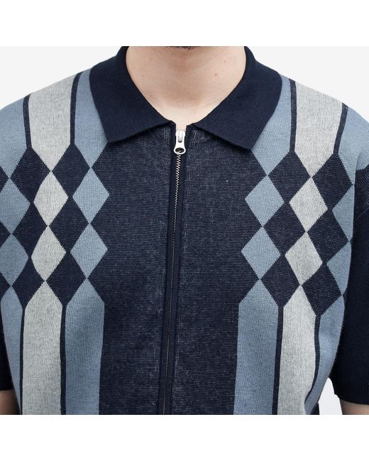 Beams Plus Blue Zip Stripe Knit Polo Shirt for men