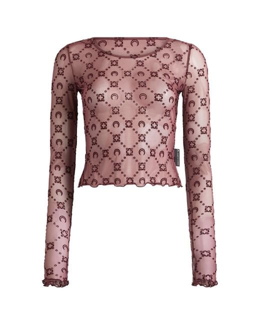 MARINE SERRE Red Moonogram Mesh Flock Long Sleeve Crop Top