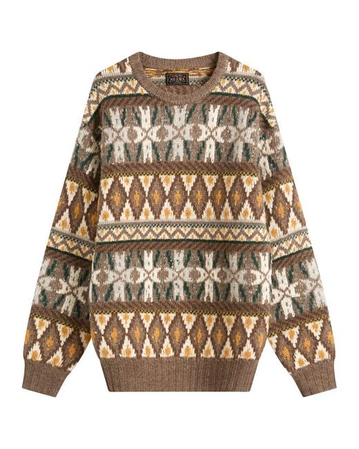 Beams Plus Brown Fair Isle Crew Neck Jumper for men