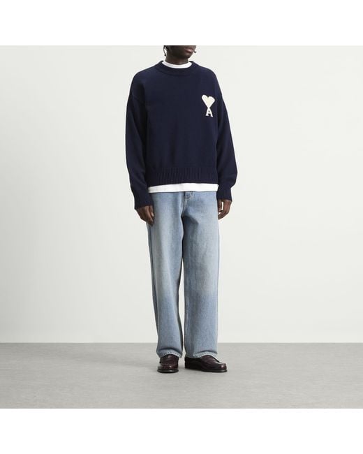 AMI Blue Crewneck Sweater With Contrasted Ami De Coeur for men