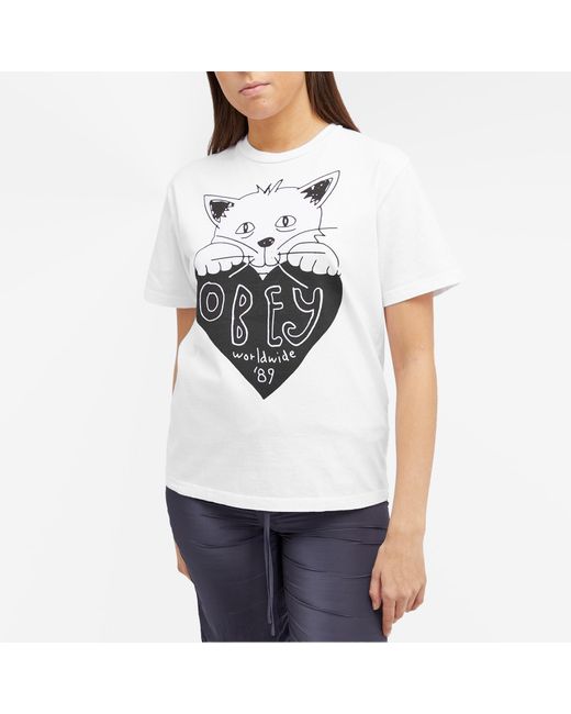 Obey White Kitty Heart Logo T-Shirt