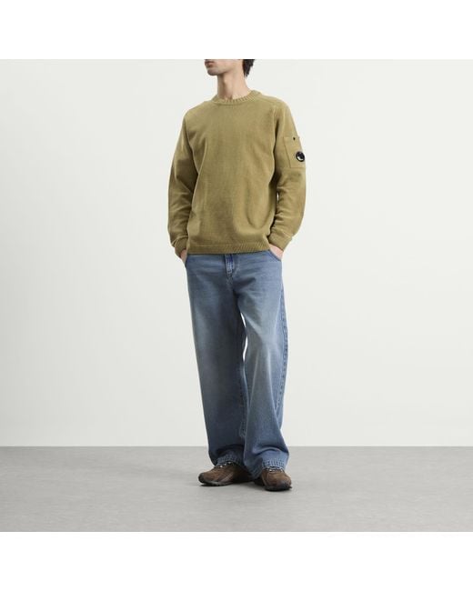 C P Company Green Cotton Chenille Crewneck Lens Sweater for men