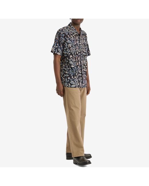 Beams Plus Black Open Collar Block Print Leaf Shirt for men