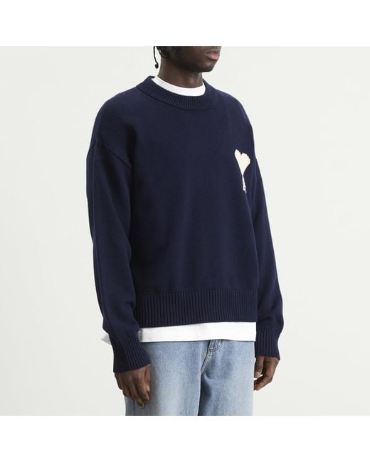 AMI Blue Crewneck Sweater With Contrasted Ami De Coeur for men