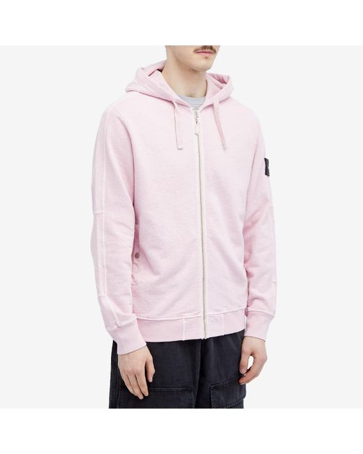 Stone Island Pink Garment Dyed Malfile Zip Hoodie for men