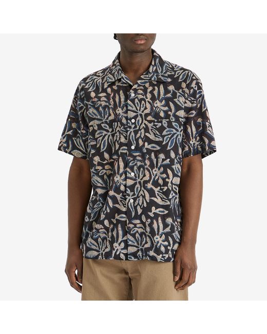 Beams Plus Black Open Collar Block Print Leaf Shirt for men