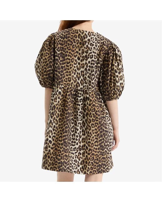 Ganni Brown Printed Cotton Tie String Mini Dress