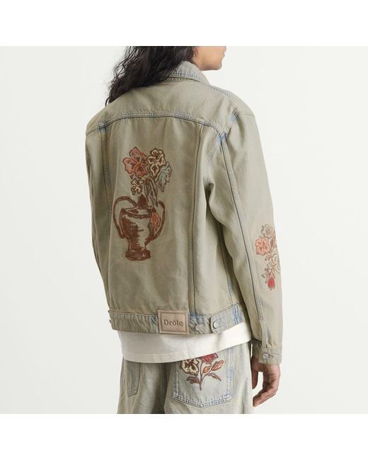 Drole de Monsieur Gray Embroidered Flowers Patch Denim Jacket for men