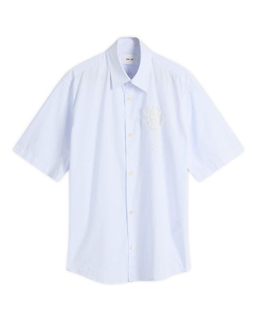 NN07 Blue Freddy Flower Embroidery Short Sleeve Shirt for men