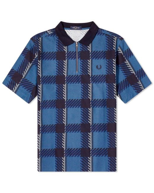 Fred Perry Blue Gllitch Tartan Zip Neck Polo Shirt for men
