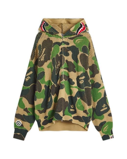 A Bathing Ape Green Abc Camo Crochet Relaxed Fit Shark Zip Hoodie for men