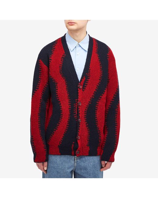 Loewe Red Abstract-pattern V-neck Wool-blend Cardigan for men