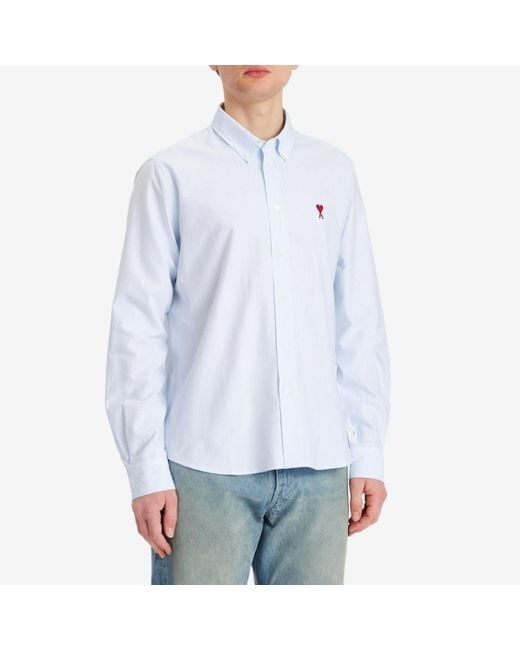 AMI White Heart Striped Button Down Oxford Shirt for men