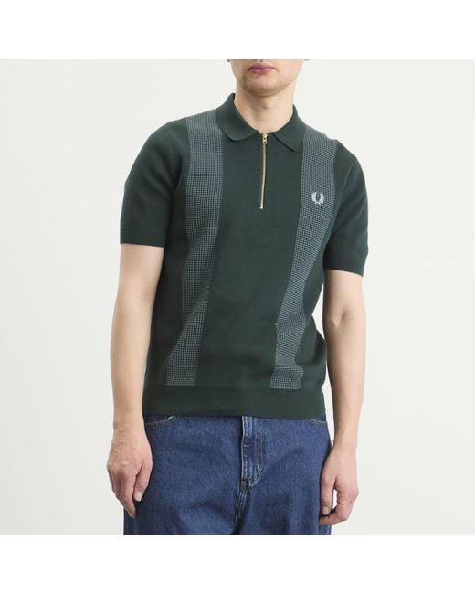 Fred Perry Green Panel Knitted Polo Shirt for men