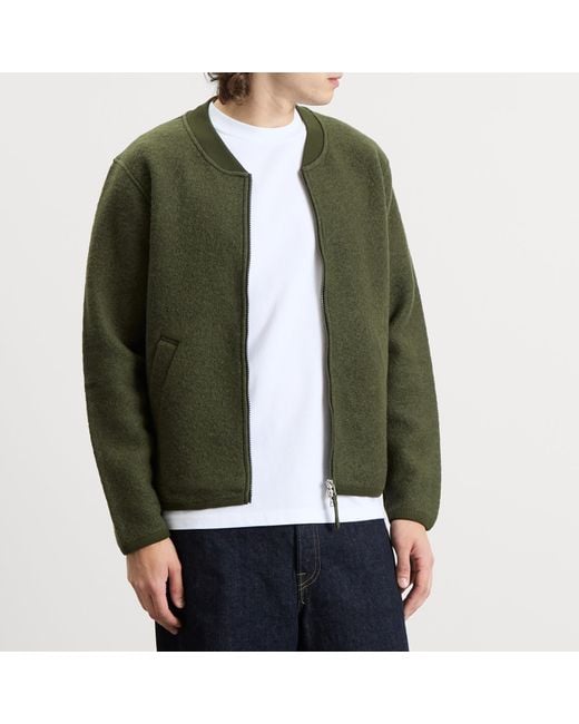 Universal Works Green Wool Fleece Zip Bomber Jacket for men