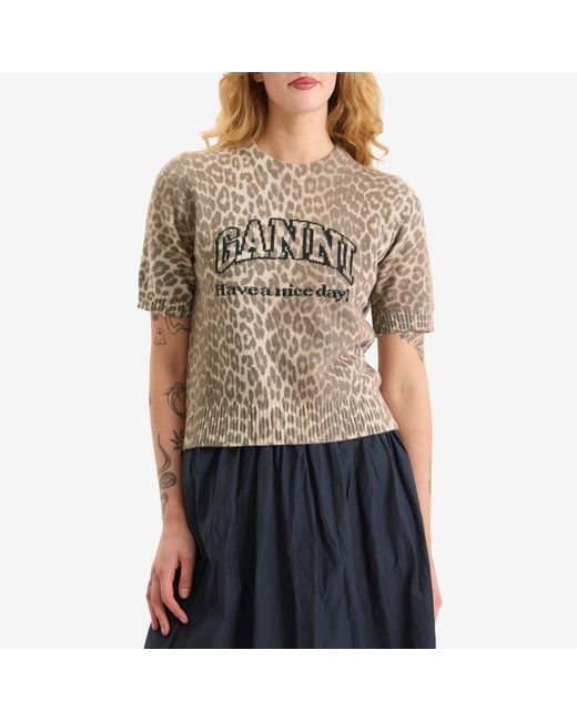 Ganni Brown Graphic Wool Mix Printed T-Shirt