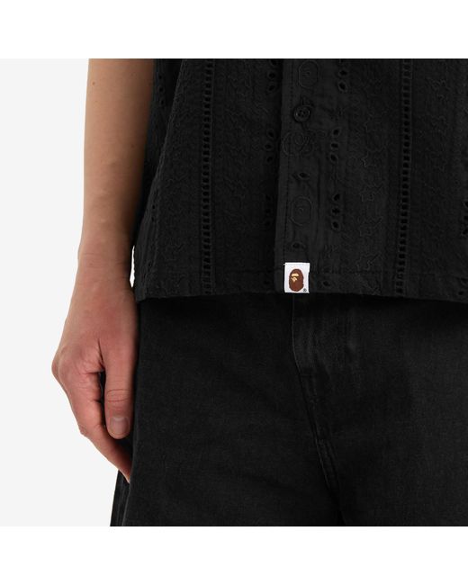 A Bathing Ape Black Embroidery Open Collar Ss Shirt for men