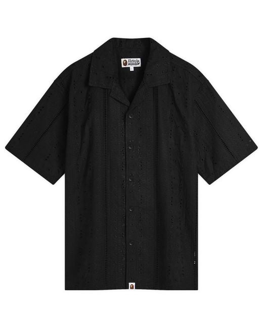 A Bathing Ape Black Embroidery Open Collar Ss Shirt for men