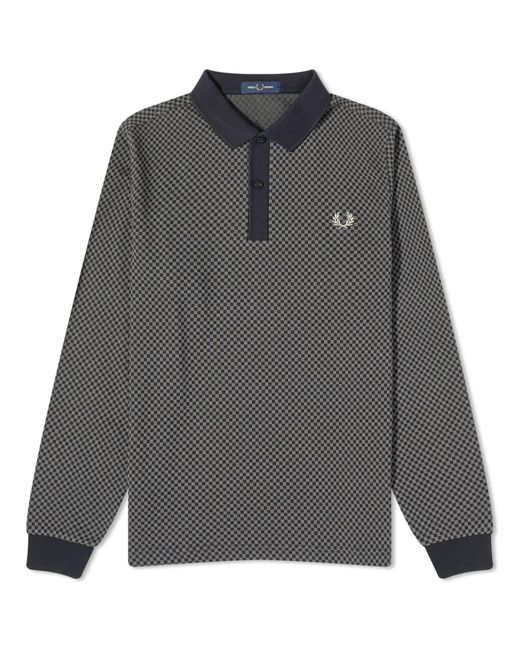 Fred Perry Gray Micro Chequerboard Long Sleeve Polo Shirt for men