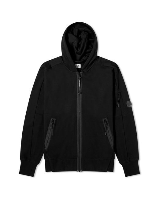 C P Company Black Diagonal Raised Fleece Zipped Hoodie for men