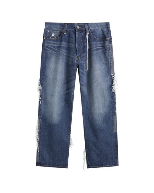 MASTERMIND WORLD Blue Patchwork Jacquard Straight Denim Pants for men