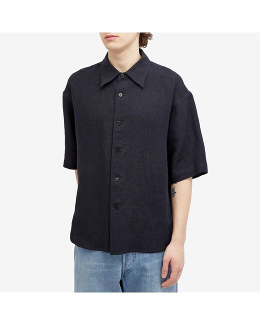 Auralee Blue Linen Silk Short Sleeve Shirt for men