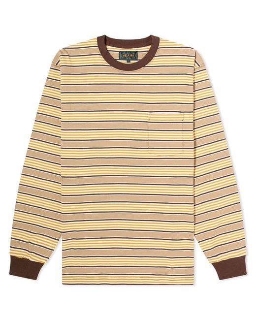 Beams Plus Natural Long Sleeve Multi Stripe Pocket T-Shirt for men