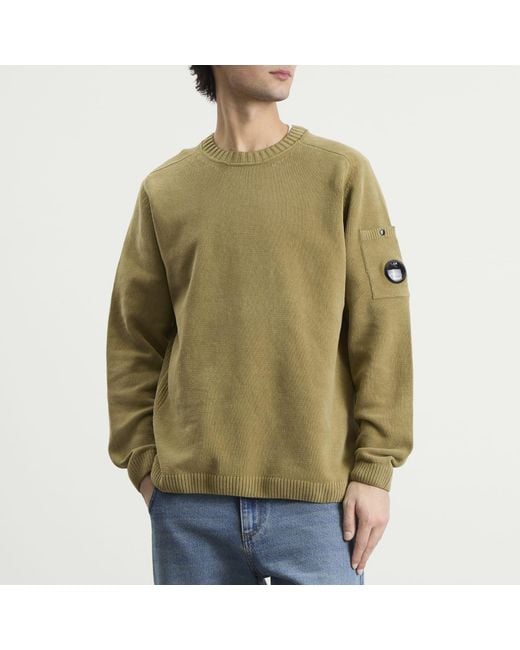 C P Company Green Cotton Chenille Crewneck Lens Sweater for men