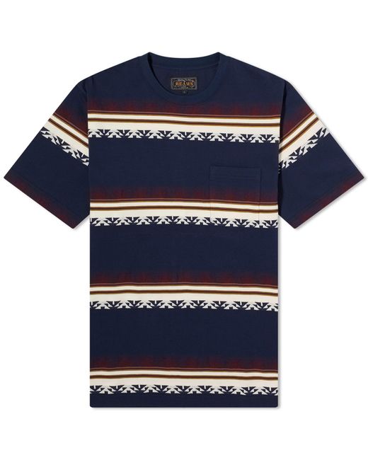 Beams Plus Blue Jacquard Stripe Pocket T-Shirt for men