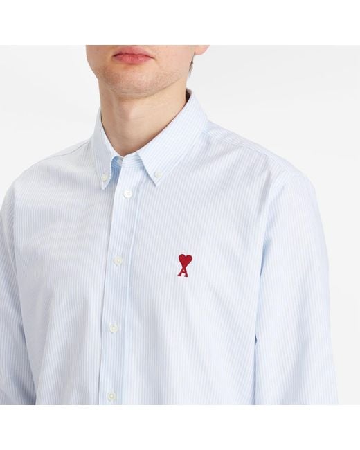 AMI White Heart Striped Button Down Oxford Shirt for men
