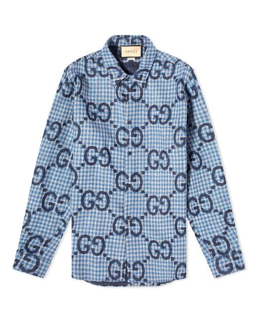 Gucci Blue Jumbo GG Checked Wool Shirt for men