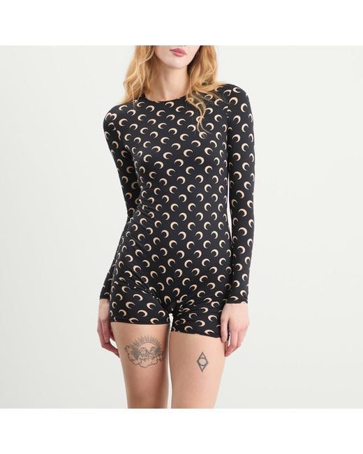MARINE SERRE Black Moon Printed Long Sleeve Short Catsuit