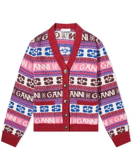 Ganni Red Logo Wool Mix Cardigan