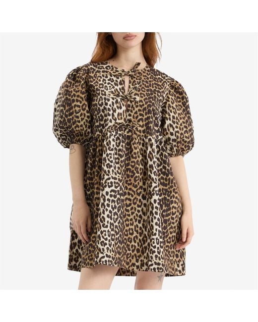 Ganni Brown Printed Cotton Tie String Mini Dress