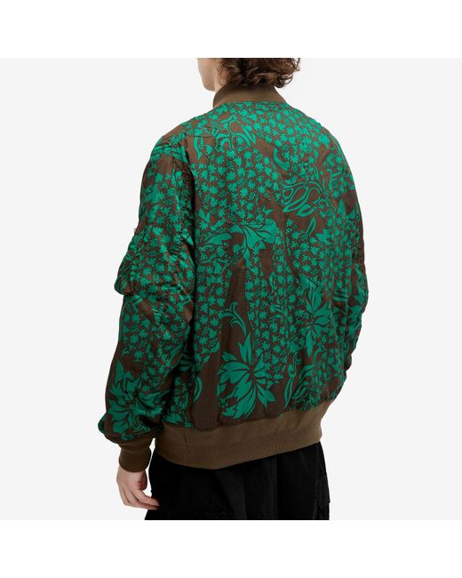 Sacai Green Floral Embroidered Patch Bomber Jacket for men