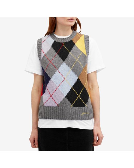 Ganni Multicolor Harlequin Wool Mix Knit Vest Frost