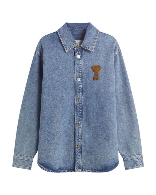 AMI Blue Denim Overshirt With Knitted Ami De Coeur for men